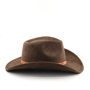 Detail of dark brown suede cowboy hat with a decorative punctured leather band and classic brim