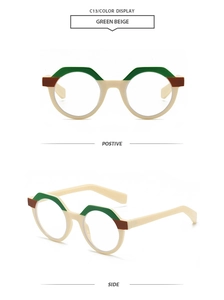 Detail view showing front and side profile of green beige polygon retro sunglasses