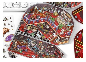 Gothic castle interior stickers with red piano and skull illustrations on a desk
