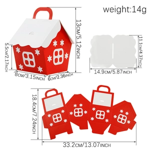 European red house shaped Christmas candy gift box with snowflake patterns and handle