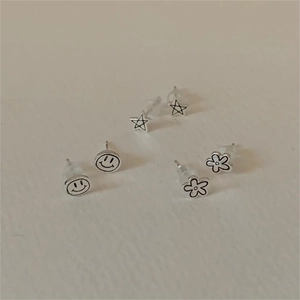 925 Sterling Silver Stud Earrings Smiley Face Star Flower Simple Minimalist Korean Style Elegant Jewelry For Women