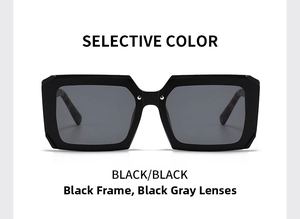 Macro view of oversized square sunglasses with black frame and chic metal rivets