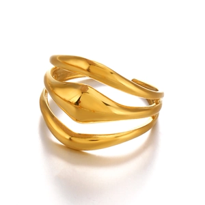 Minimalist gold multi-layer wavy line ring with polished finish and open design