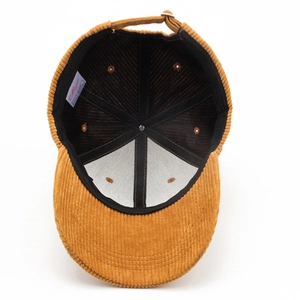 Classic corduroy baseball cap in warm brown color showing the interior stitching details