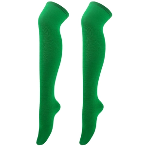 Detail of green over-the-knee socks showing ribbed cuffs and high-quality knit texture