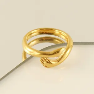 Hugging Hands Ring 18K Gold Plated Stainless Steel Open Adjustable Minimalist Jewelry For Women Men
