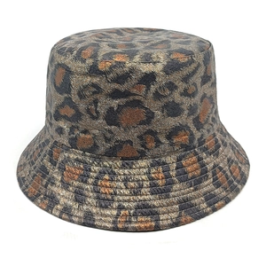 Detail of leopard print bucket hat showing fabric texture and reinforced brim stitching