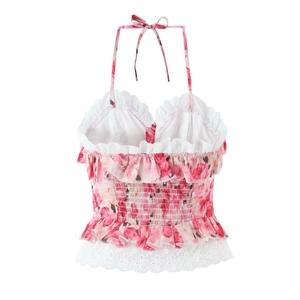 Roze gebloemde haltertop met witte kanten rand en elastische gesmokte rug