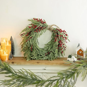 Christmas Wreath Artificial Pine Needles Red Berries Burlap Bow Front Door Wall Hanging Farmhouse Home Holiday Decoration