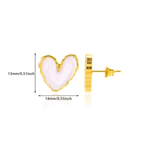 Detailed view of 18k gold heart stud earrings with pink enamel and size measurements