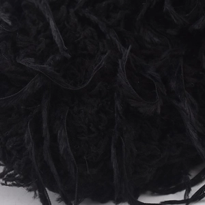 Gros plan sur la texture en fausse fourrure noire et la matière pelucheuse de la casquette