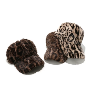 Thick faux fur leopard print baseball caps for women with warm plush winter design