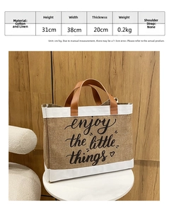 Detailed size chart for large linen tote bag showing 31x38x20 cm dimensions and materials