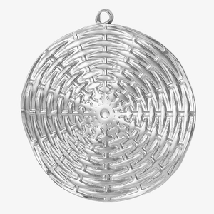 Polished silver 304 stainless steel round pendant with detailed woven texture on white background