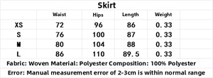 Guide des tailles pour jupe longue rayée avec mesures de taille, hanches et longueur
