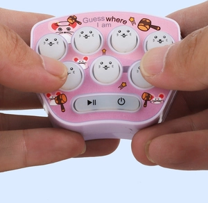 Pink handheld whack-a-mole game keychain with cute cartoon mouse and buttons