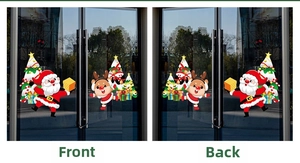 Double-sided Christmas window stickers showing Santa and Reindeer designs for glass doors