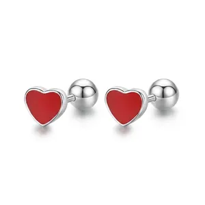 Minimalist S925 sterling silver red heart stud earrings with secure screw back design