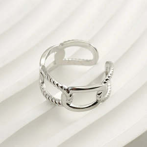 Modern minimalist silver chain ring with adjustable open band and braided texture