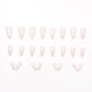 Glossy aurora white almond press-on nails set with elegant pearlescent finish