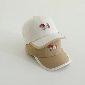 Breathable quick-dry kids baseball caps with cute cartoon dog embroidery in beige and khaki
