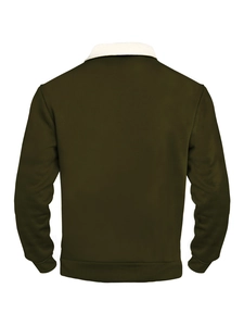 Back view of dark olive green vintage hoodie with a white contrast collar detail