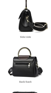 Vues détaillées de côté et de dos d'un sac à main noir texturé avec bandoulière large