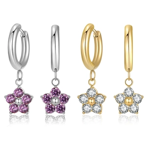Luxe titanium steel flower drop earrings with sparkling zircon gemstones in pink and clear