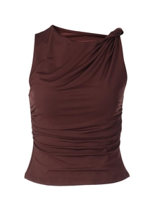 Macro detail of dark brown sleeveless top featuring ruched fabric and asymmetric twist knot