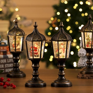 Vintage bronze Christmas lantern with LED light, falling snow effect and music scenery