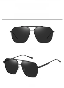 Front and 45-degree angle view of classic black polarized aviator sunglasses with metal frame