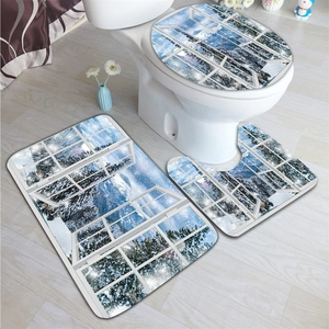 Detail of 3D winter forest snow landscape printed on flannel bathroom rug set