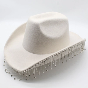 White denim cowboy hat with sparkling rhinestone fringe for party and western jazz style