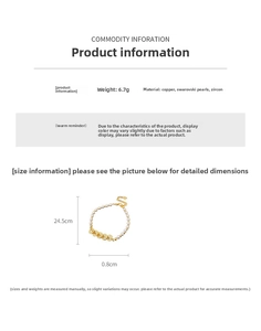 Detailed specs of gold charm bracelet with pearls, 24.5cm length and 6.7g weight