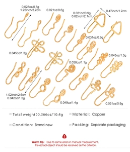 Detailed size guide for 15-piece gold copper nose ring set with creative wire shapes