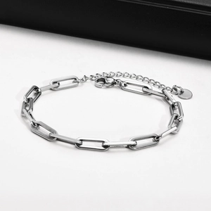 Polished silver stainless steel paperclip link bracelet for men with lobster clasp
