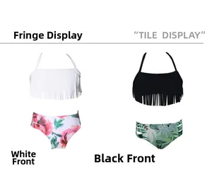 Detail view of two-piece bikini sets featuring trendy long tassels and high-waisted floral prints