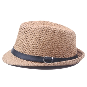 Classic men's light brown straw jazz fedora with black leather band and silver buckle