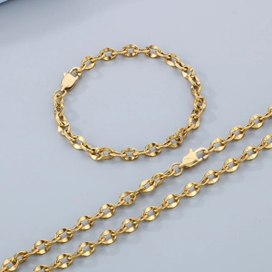 Golden 6mm stainless steel link chain necklace and bracelet set for women with clasp