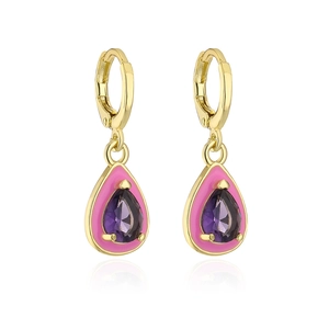 Gold bohemian teardrop earrings with pink enamel and purple zircon stones in a classic pair