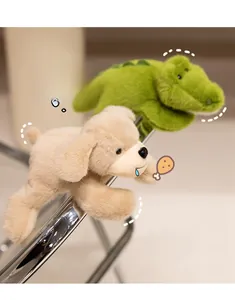 Detailed view of soft plush puppy and crocodile toys on a metal chair with blurred background