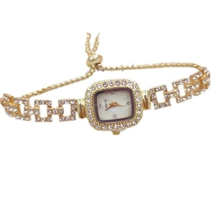 Elegant gold square watch for women with rhinestones and adjustable pull-out chain strap