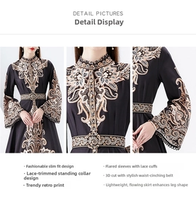 Detail view of lace stand collar, vintage print, and flared cuffs on floral maxi dress
