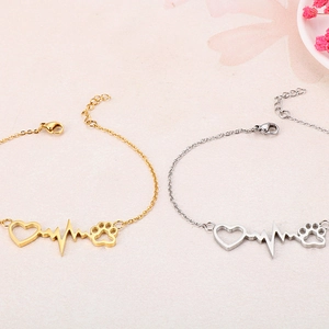 Minimalist stainless steel heart and paw print bracelets in gold and silver finish