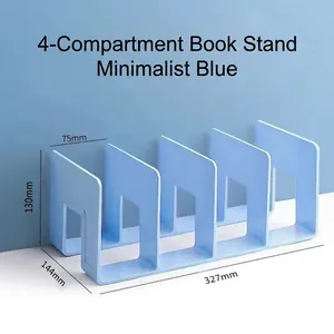 Detail view of light blue 4-compartment acrylic bookend with dimensions 327x144x130mm