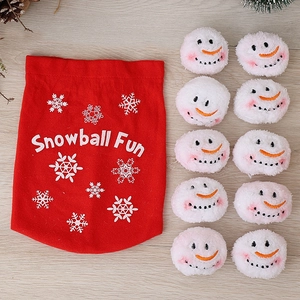 Christmas indoor snowball fight set with 10 plush snowman balls and red drawstring bag