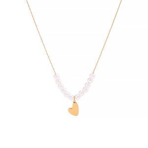 Collana in titanio placcato oro 18k con grappolo di perle bianche e ciondolo a cuore