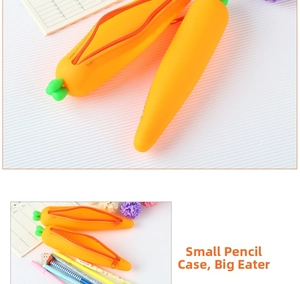 Detailed view of the silicone carrot pencil case featuring a green leafy top and zipper