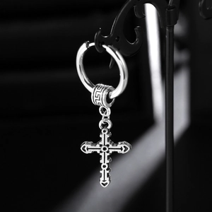 Gothic silver stainless steel cross drop earring for men with engraved hoop and bead