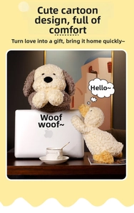 Close-up of soft puppy and duckling plush toys showing detailed curly fleece textures